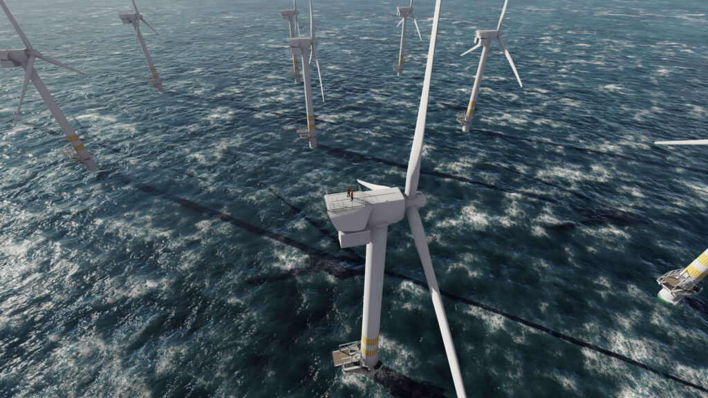 Birds-eye view of windmills in the middle of the ocean